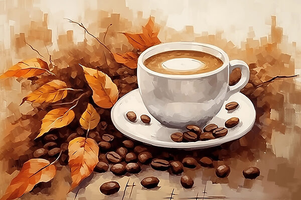 Ceașcă de cafea și boabe pe o farfurie Ceașcă de cafea și boabe pe o farfurie