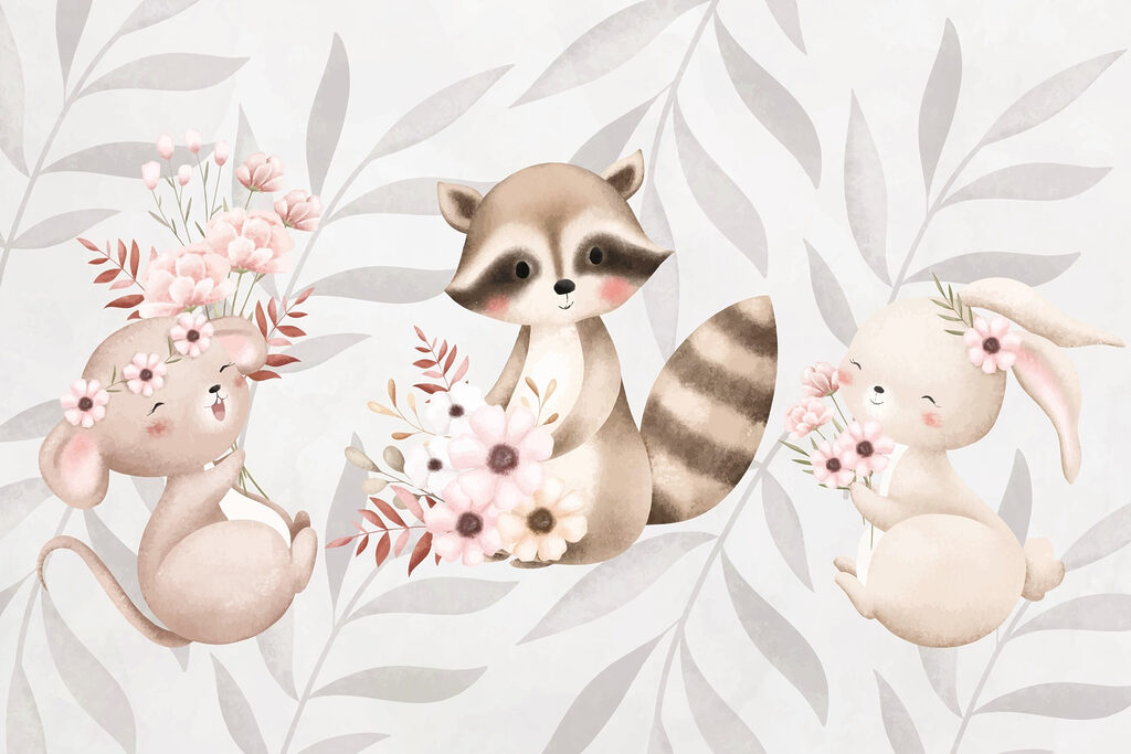 Raccoon and rabbit holding flowers Raccoon and rabbit holding flowers