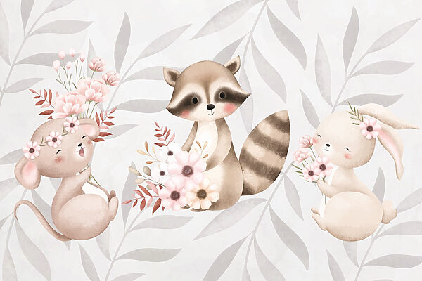 Raccoon and rabbit holding flowers Raccoon and rabbit holding flowers