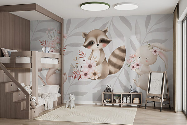 Raton și iepure ținând flori Fototapet Raton și iepure ținând flori