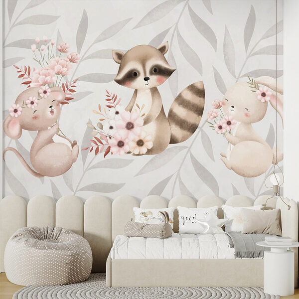 Raccoon and rabbit holding flowers Raccoon and rabbit holding flowers