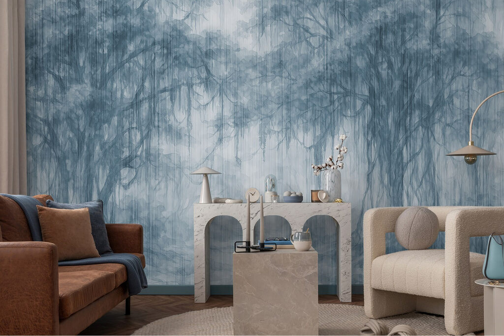 Group of trees in a foggy forest