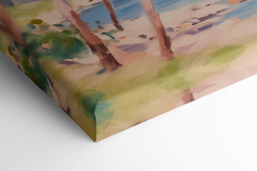 Painting of a beach with palm trees and boats