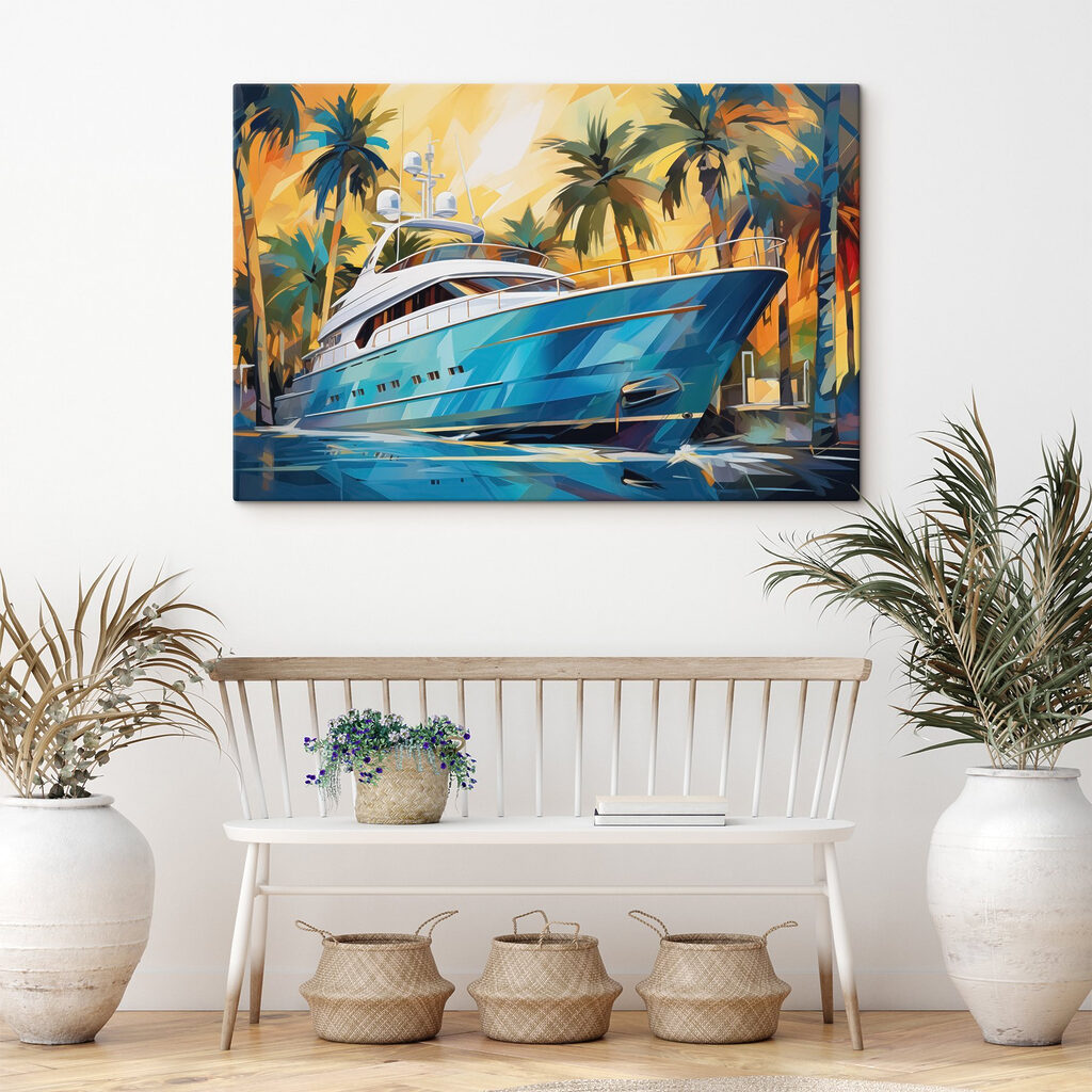 Blue boat in water with palm trees