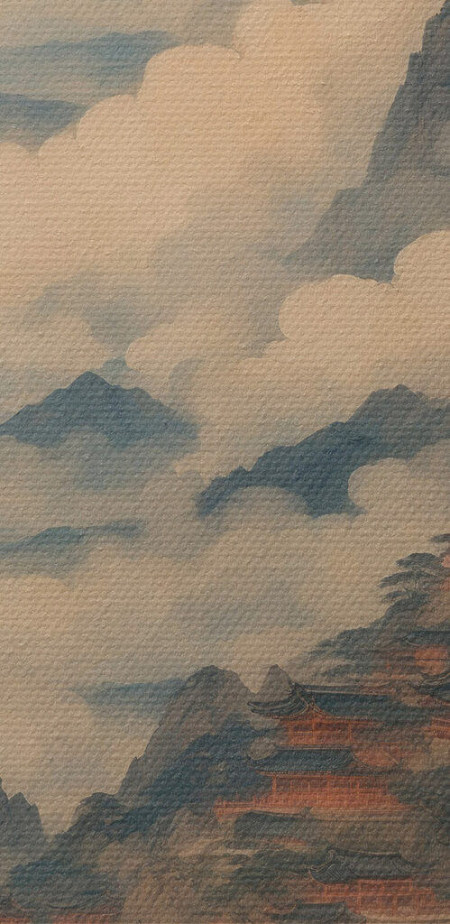 Painting of a temple on a mountain