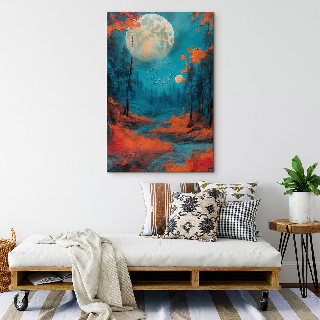 Painting of a forest with orange leaves and a full moon