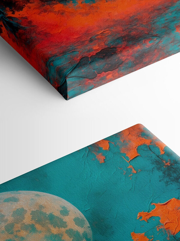 Painting of a forest with orange leaves and a full moon