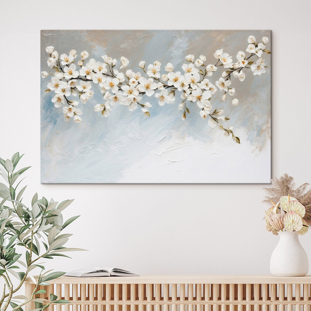 Painting of white flowers on a branch Painting of white flowers on a branch