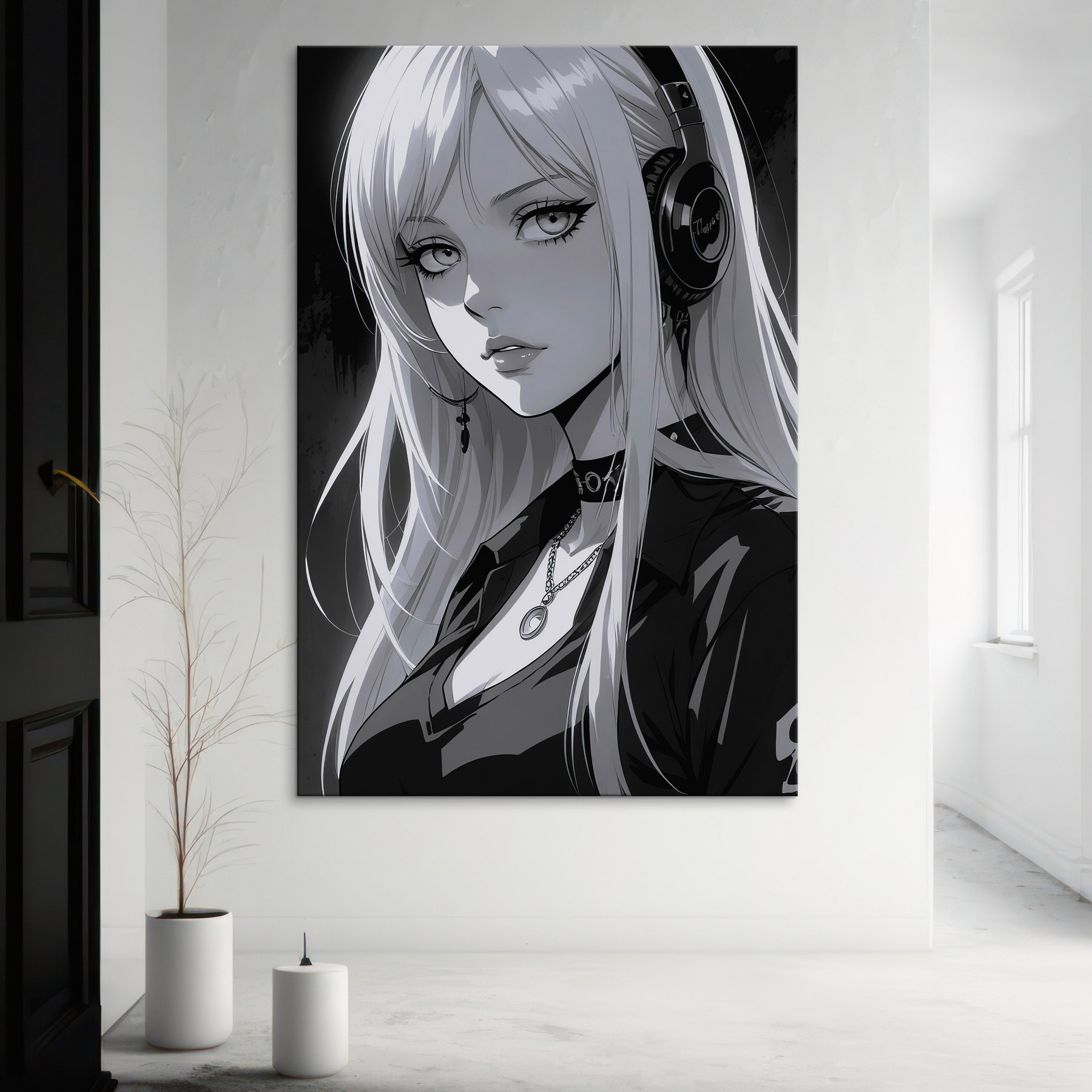 Woman with long blonde hair wearing headphones Woman with long blonde hair wearing headphones