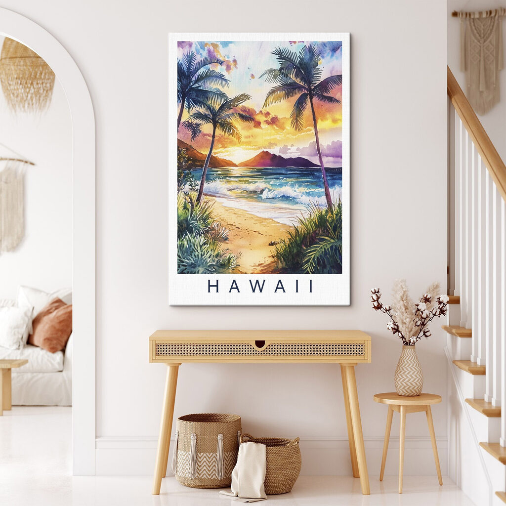 Watercolor painting of a beach with palm trees and waves