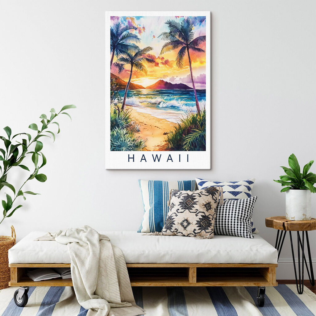Watercolor painting of a beach with palm trees and waves