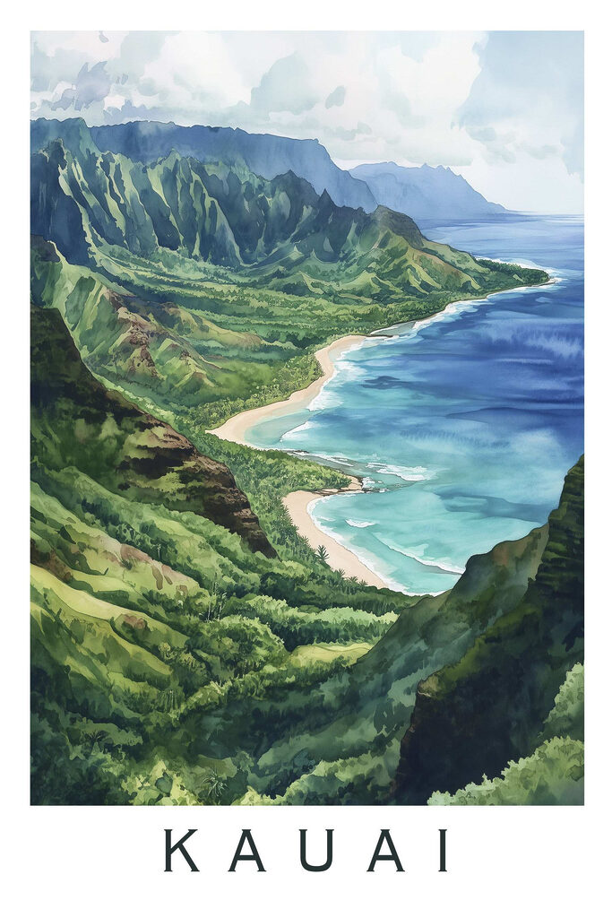 Watercolor painting of a beach and mountains