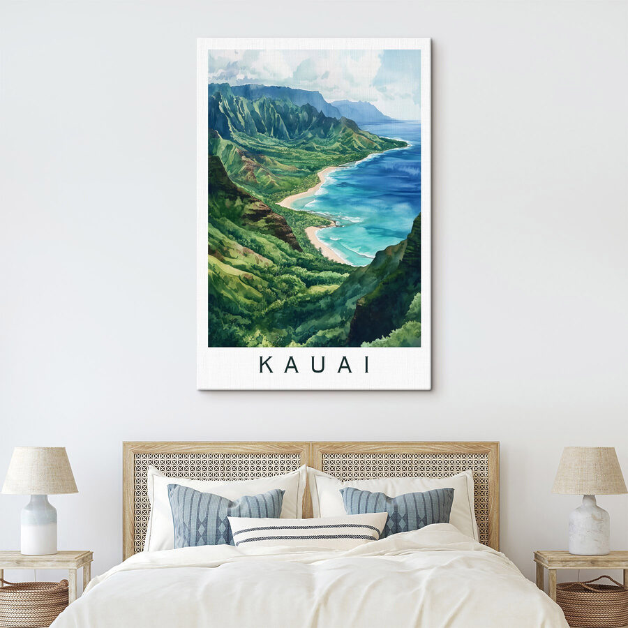 Pictura acuarelă de o plajă și munți