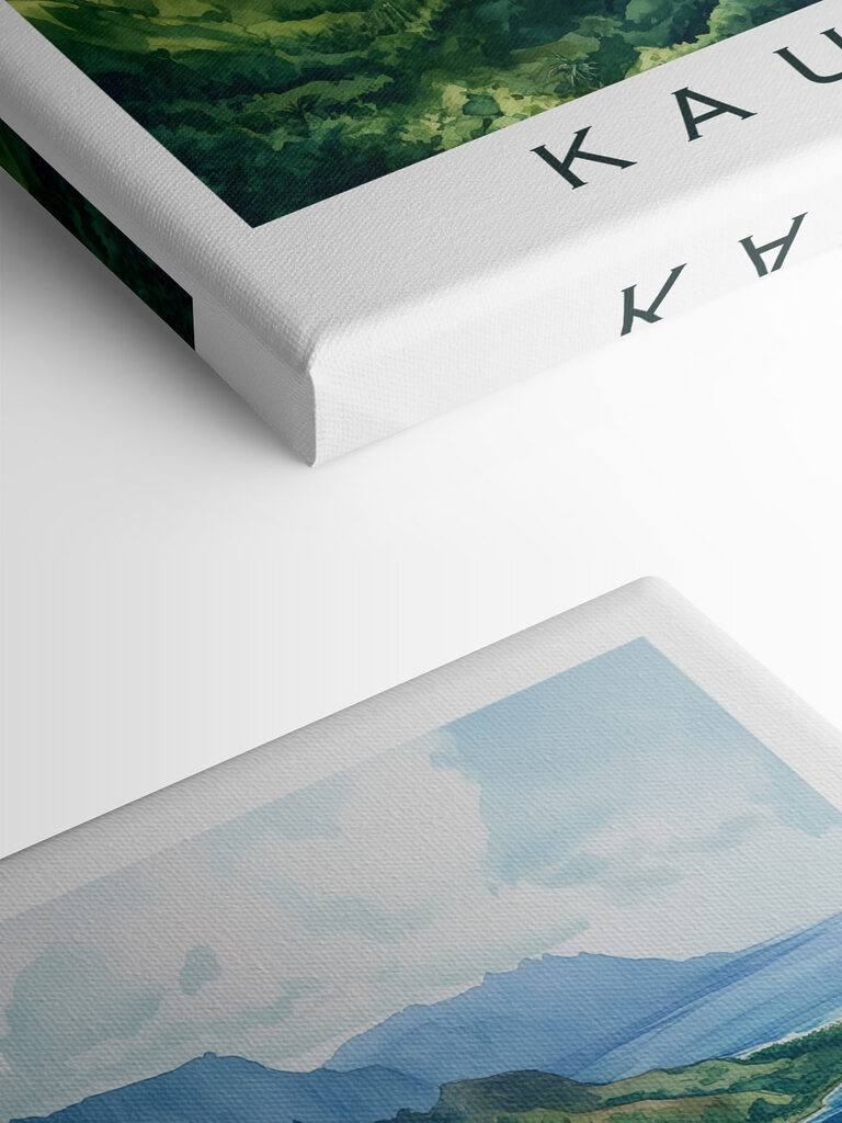 Watercolor painting of a beach and mountains