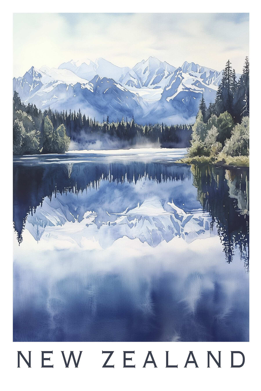 Acuarelă a unui lac cu copaci și munți în fundal