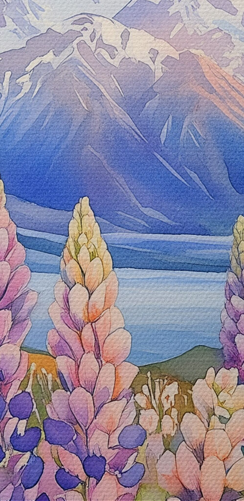 Painting of flowers and mountains