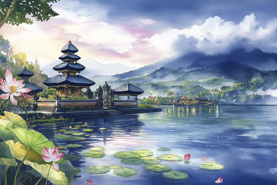 Pictură în acuarelă a unui lac cu o pagodă și nuferi Pictură în acuarelă a unui lac cu o pagodă și nuferi