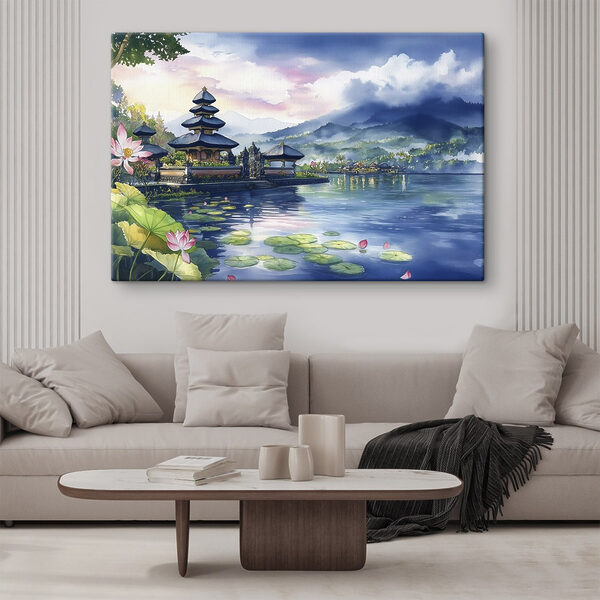 Pictură în acuarelă a unui lac cu o pagodă și nuferi Pictură în acuarelă a unui lac cu o pagodă și nuferi