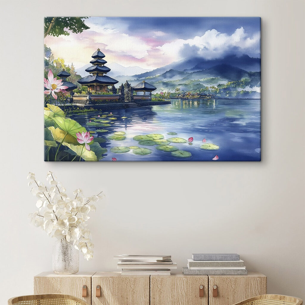 Watercolor painting of a lake with a pagoda and lily pads