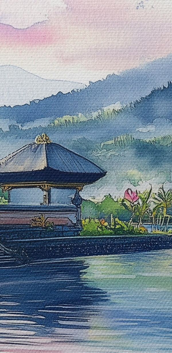 Pictură în acuarelă a unui lac cu o pagodă și nuferi Pictură în acuarelă a unui lac cu o pagodă și nuferi