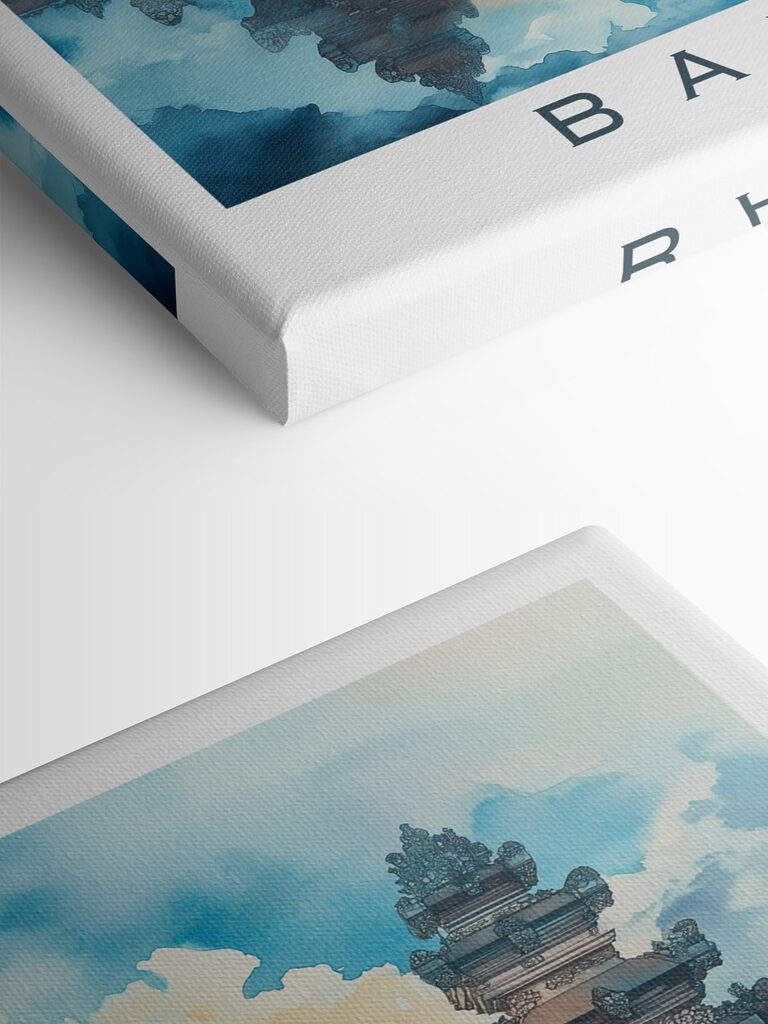 Watercolor painting of a temple with a mountain in the background