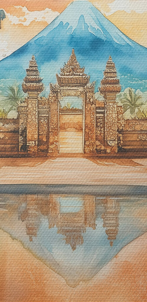 Watercolor painting of a temple with a mountain in the background