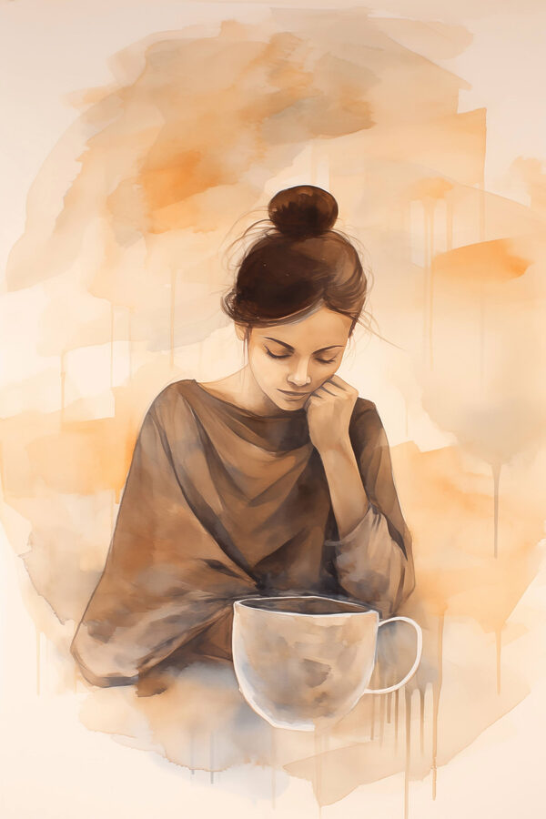 Femeie cu mâna pe față privind în jos la o ceașcă de cafea Femeie cu mâna pe față privind în jos la o ceașcă de cafea