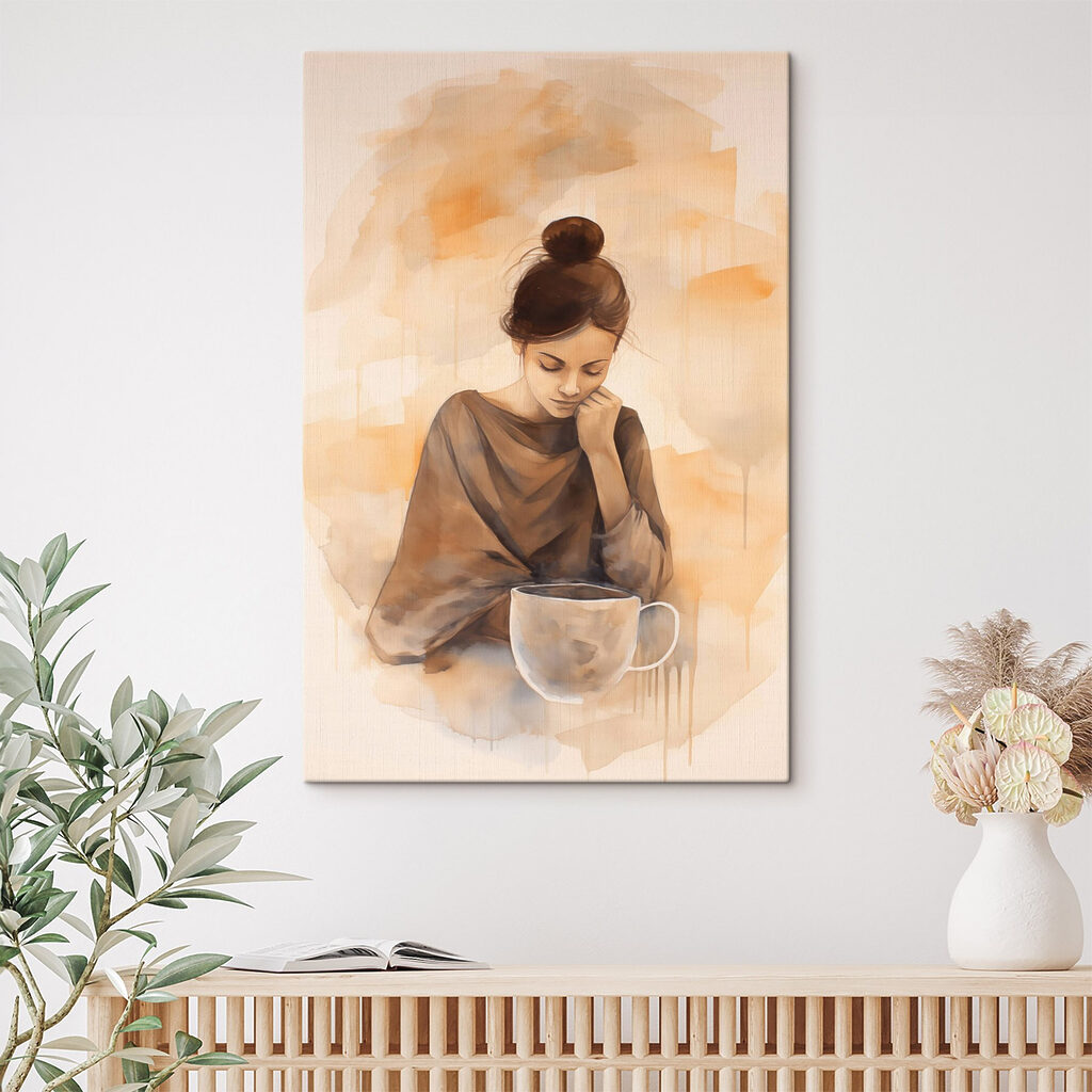 Woman with her hand on her face looking down at a cup of coffee