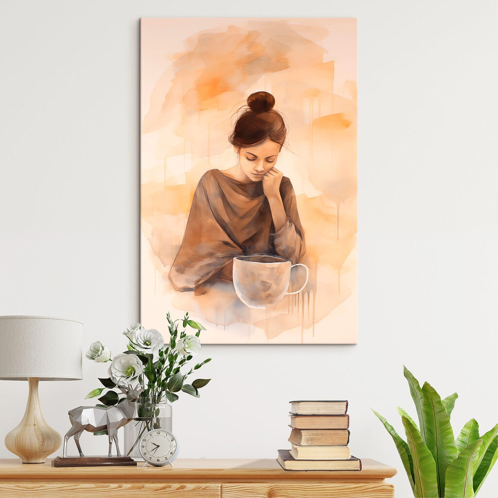 Woman with her hand on her face looking down at a cup of coffee