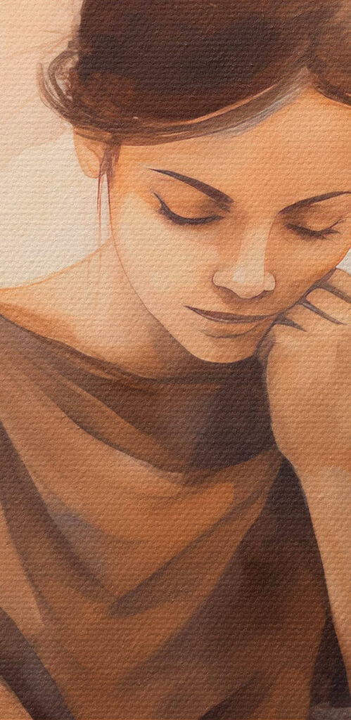 Woman with her hand on her face looking down at a cup of coffee