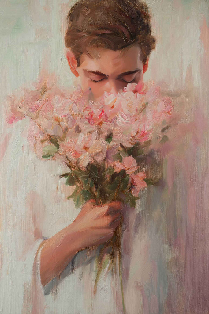 Painting of a man smelling flowers
