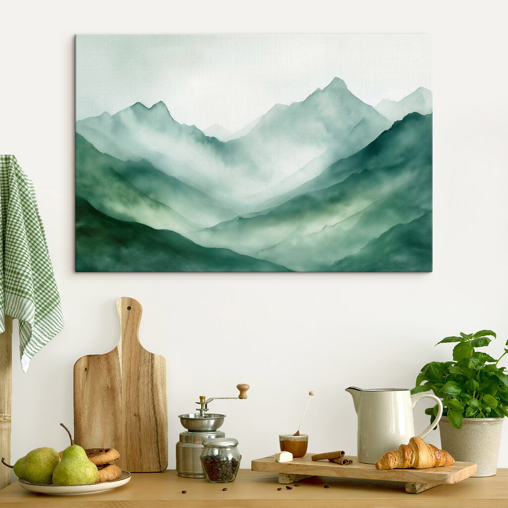 Painting of mountains and fog