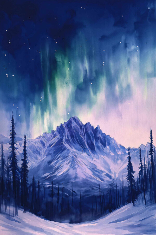 Pictura unui munte cu copaci și aurora boreală Pictura unui munte cu copaci și aurora boreală