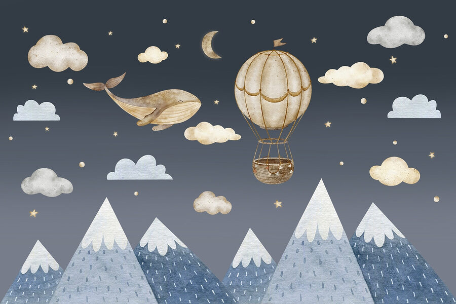 Balenă și balon cu aer cald pe cer Balenă și balon cu aer cald pe cer