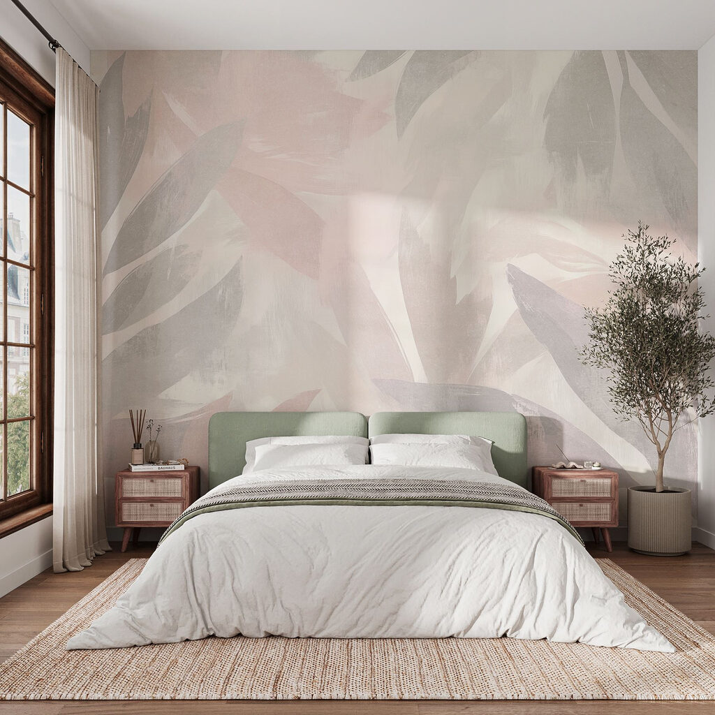 White and pink background with leaves