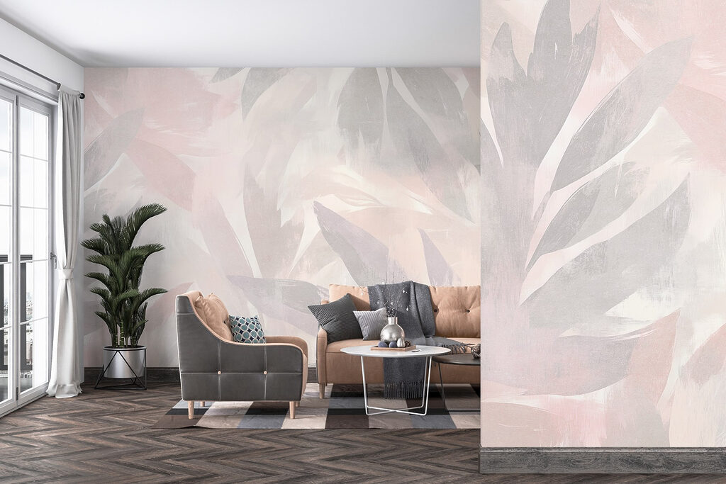 White and pink background with leaves