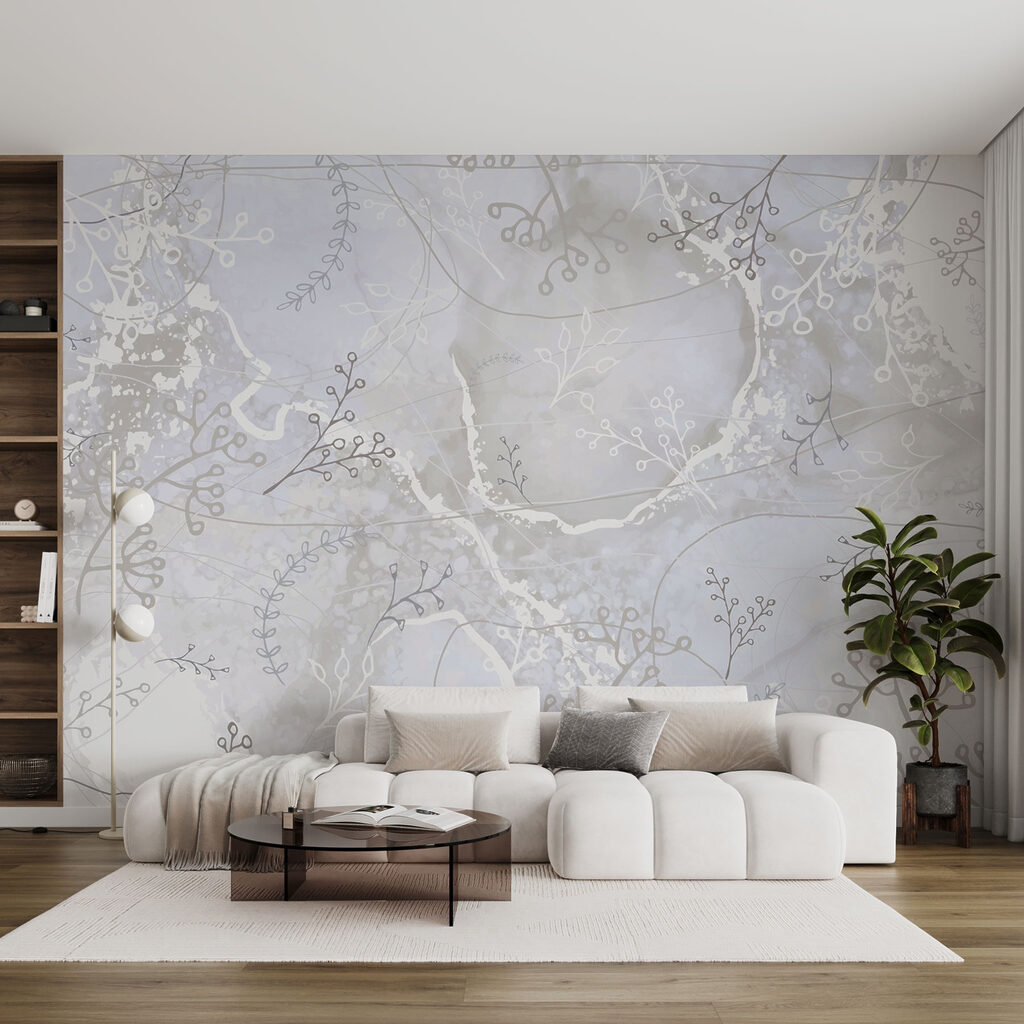 White and gray background with white and gray floral designs