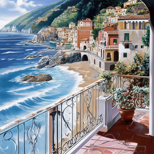 Balcon cu vedere la o plajă și un oraș Balcon cu vedere la o plajă și un oraș