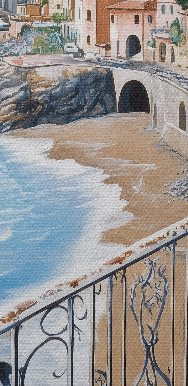 Balcon cu vedere la o plajă și un oraș Balcon cu vedere la o plajă și un oraș