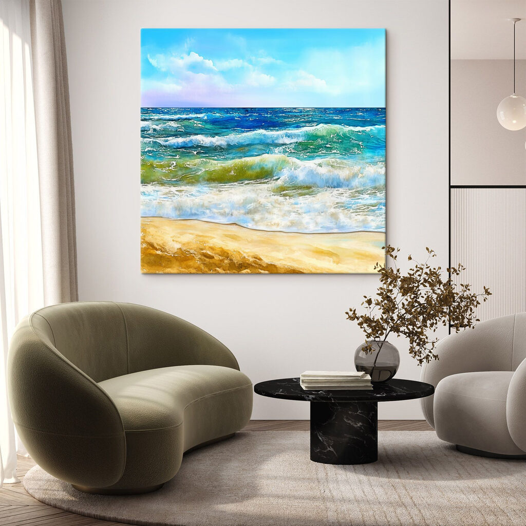 Watercolor of waves crashing on a beach