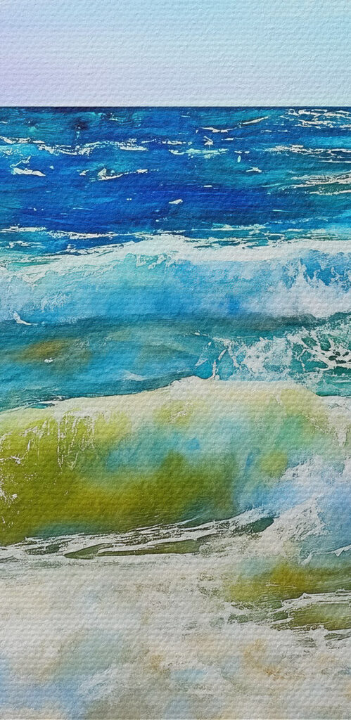 Watercolor of waves crashing on a beach