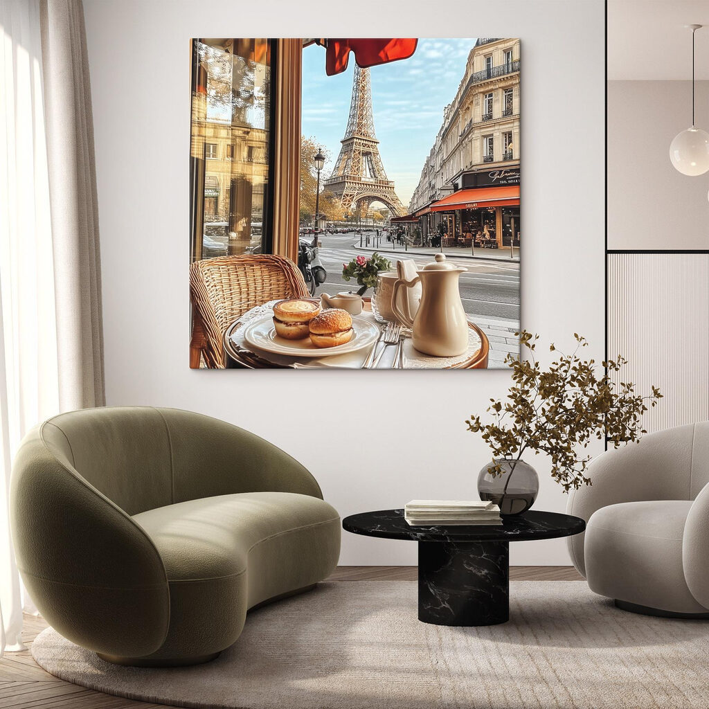 Table with food on it and a table with a tower in the background