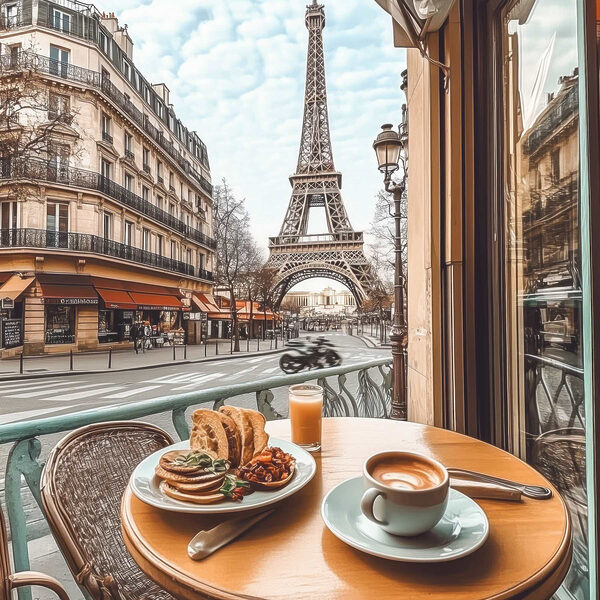 Table with a plate of food and a cup of coffee on it Table with a plate of food and a cup of coffee on it