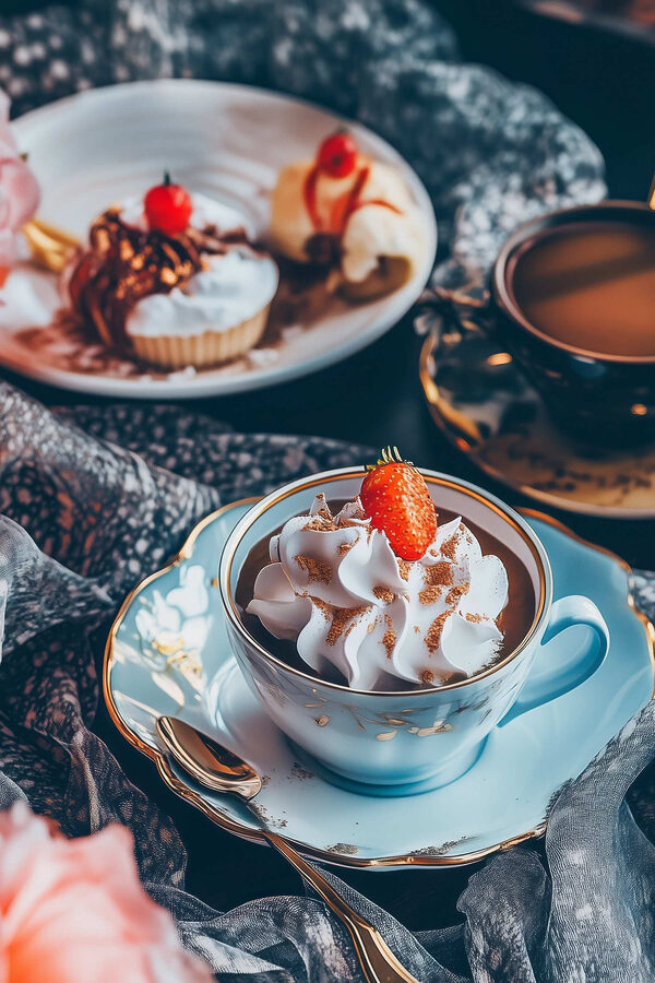 Ceașcă de cafea cu frișcă și căpșuni Ceașcă de cafea cu frișcă și căpșuni