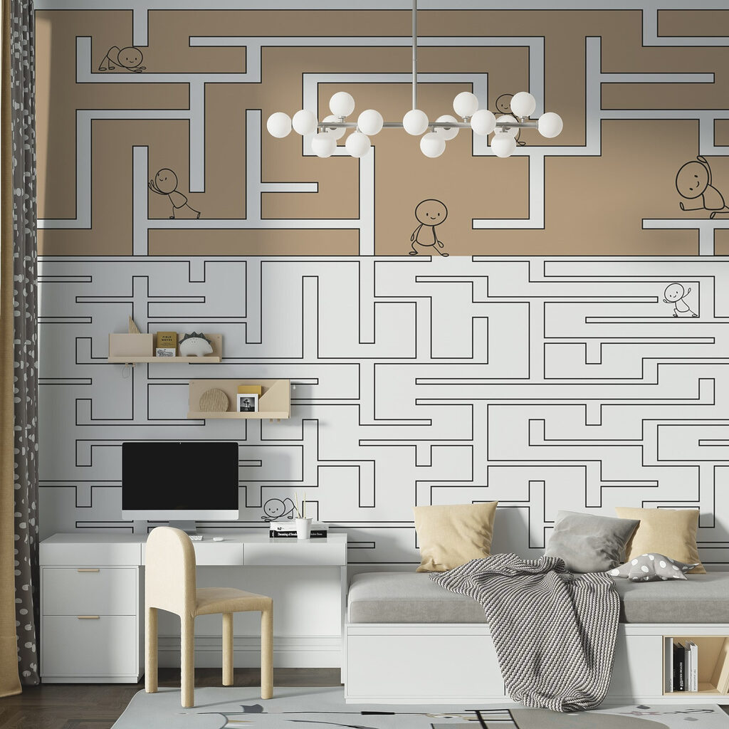 Maze game with people walking on the wall