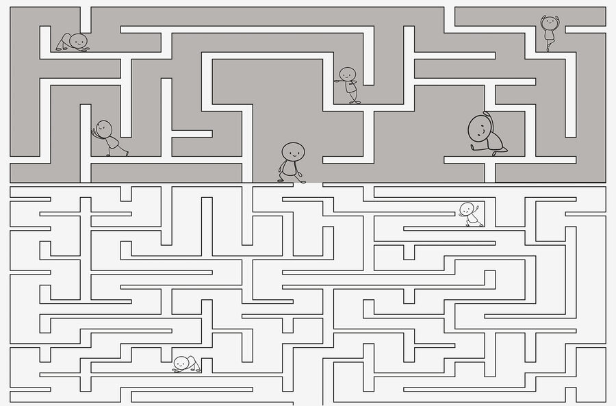Maze game with cartoon people walking on the ground Maze game with cartoon people walking on the ground