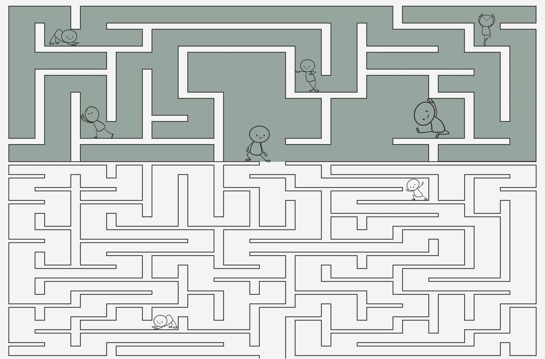 Maze game with cartoon people walking through the maze