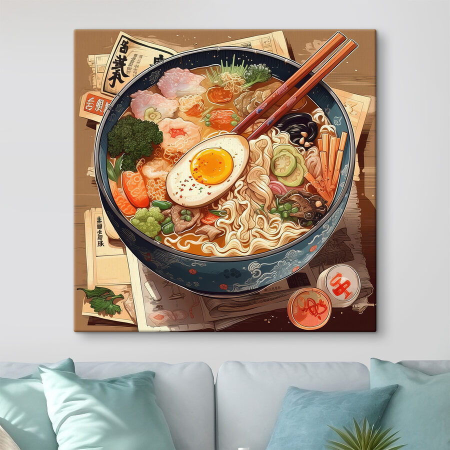 Un bol de ramen cu bețișoare și un ou Un bol de ramen cu bețișoare și un ou