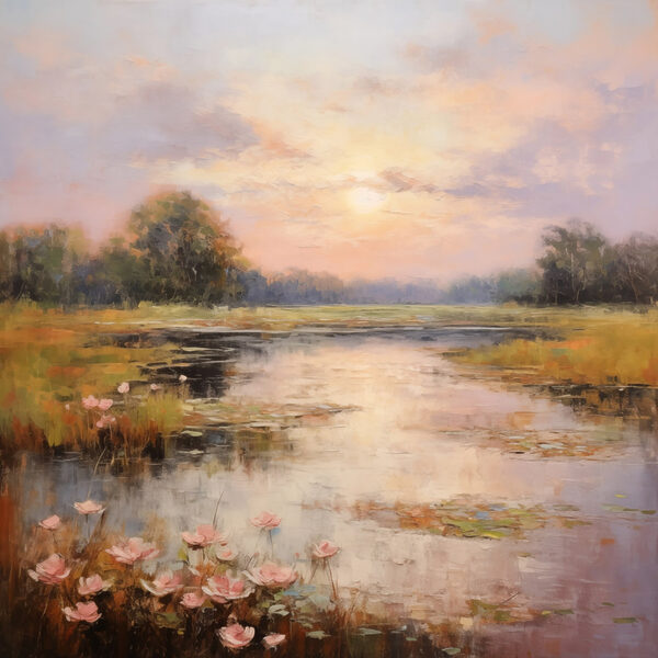 Pictura unui lac cu flori Pictura unui lac cu flori