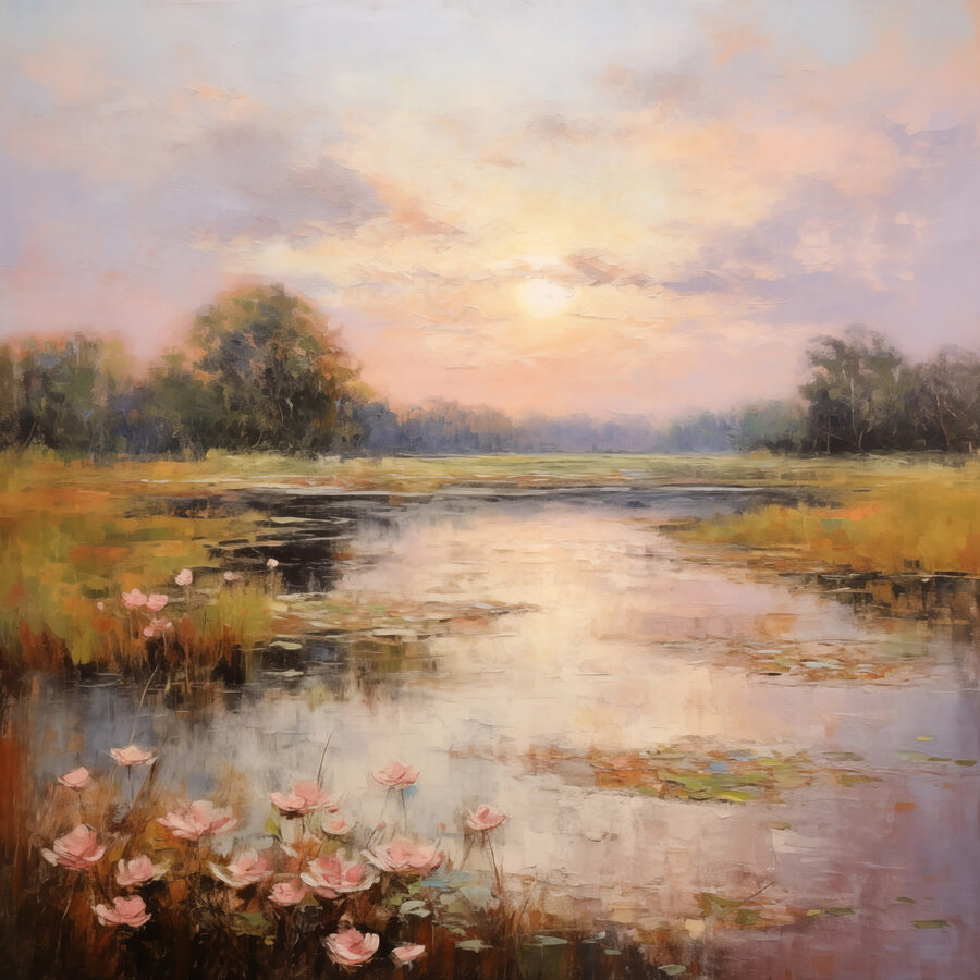 Pictura unui lac cu flori